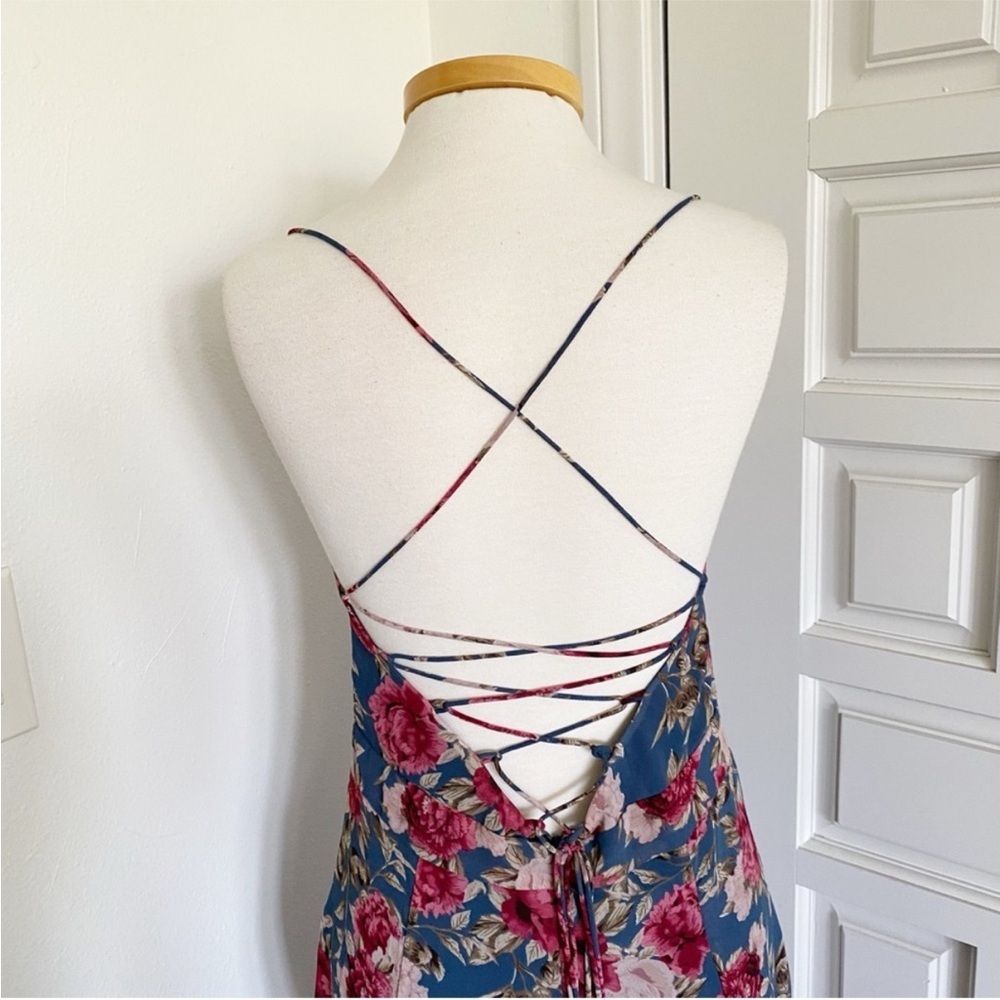 Long Maxi Mermaid Style Dress Blue Pink Floral Corset Lace Up Ruffles - Picture 5 of 15